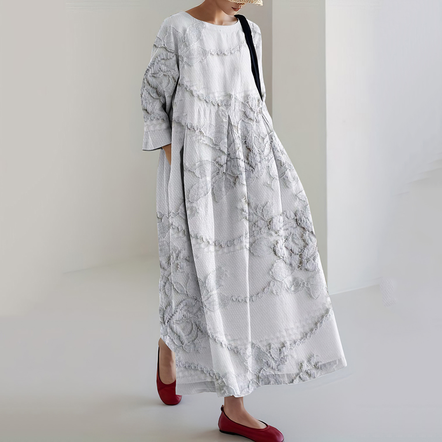 Floral Lace Embroidery Print Long Sleeve Casual Midi Dress artswardrobe