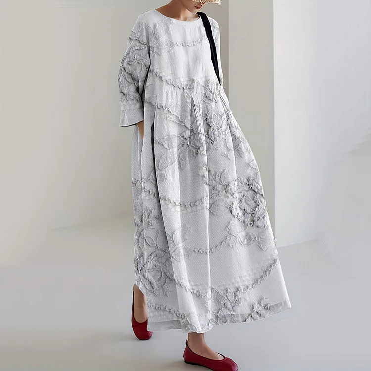 Floral Lace Embroidery Print Long Sleeve Casual Midi Dress