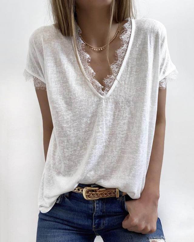 WoodyOrnament V-Neck Lace Cozy Top