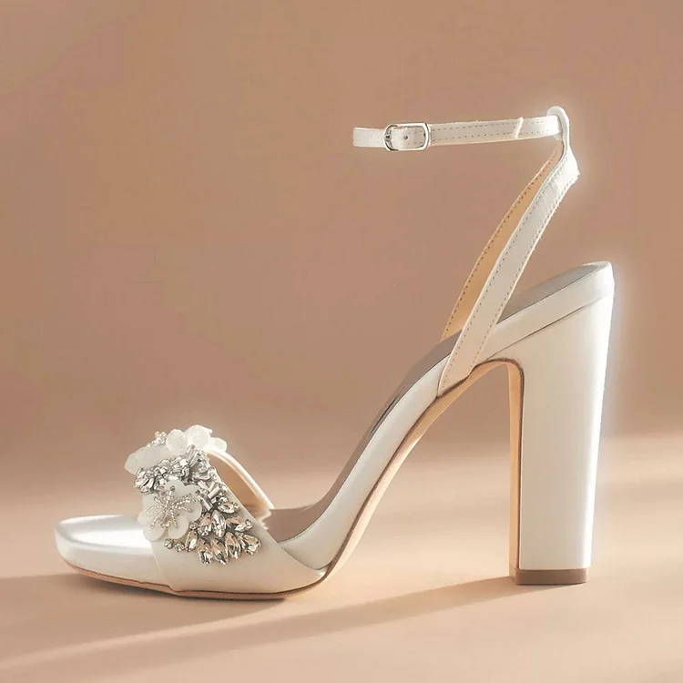 White Satin Flower Bead Embellished Ankle Strap Block Heel Sandals |FSJ Shoes