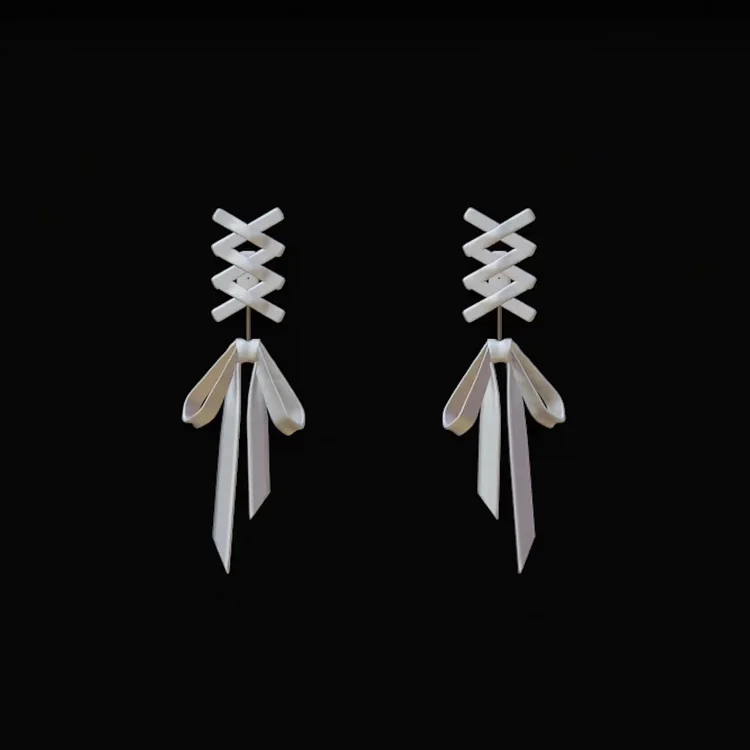 White Ribbon Bow Stud Earrings for Women Fashion Cute Metal Tassel Personality Earrings Jewelry Party Accessories | 168DEAL