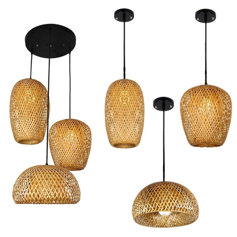 Bamboo Lantern Pendant Lamp Natural Rattan Wicker Chandeliers Hand-Woven Bamboo Lampshades E27 Lighting Fixtures Hanging Light