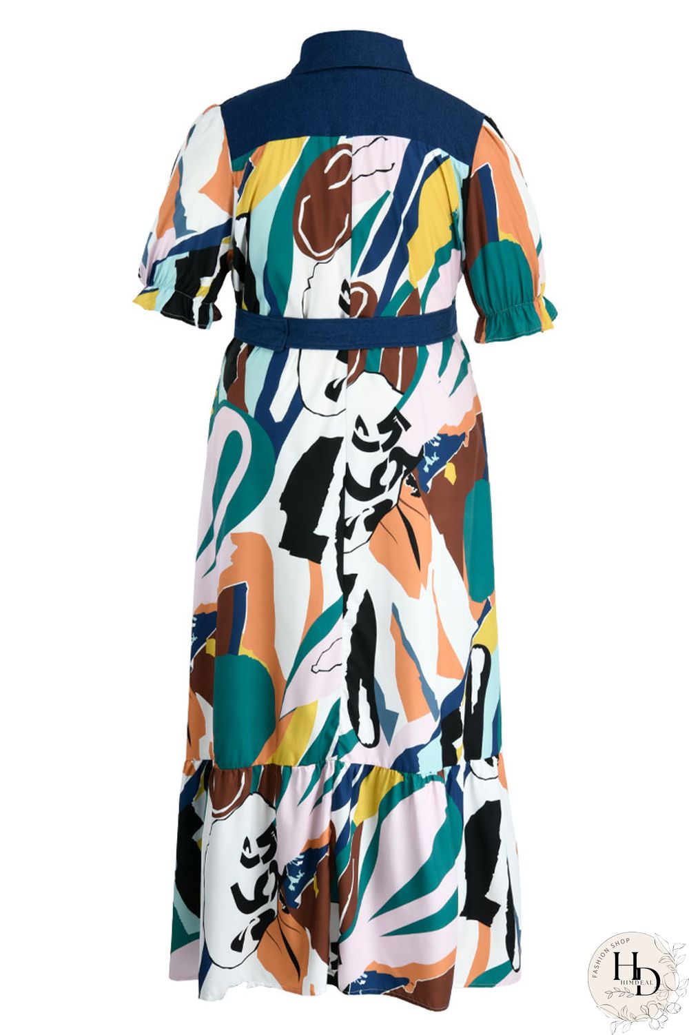 Tangerine Casual Print Patchwork Buckle Turndown Collar Straight Plus Size Dresses