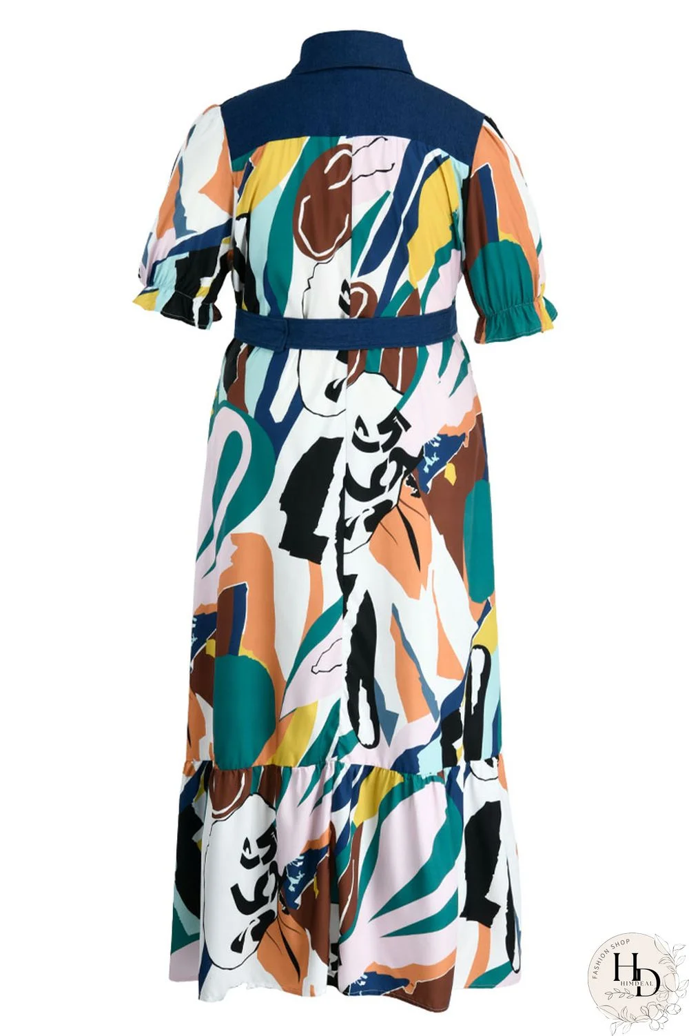 Tangerine Casual Print Patchwork Buckle Turndown Collar Straight Plus Size Dresses