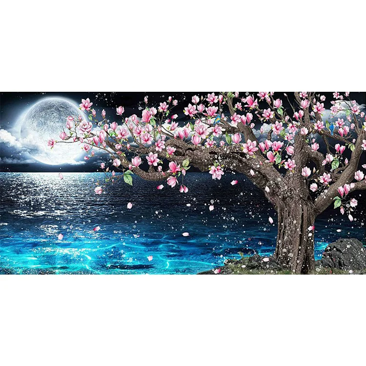 Full Round Diamond Painting - Peach Blossoms Under The Moon 80*40CM