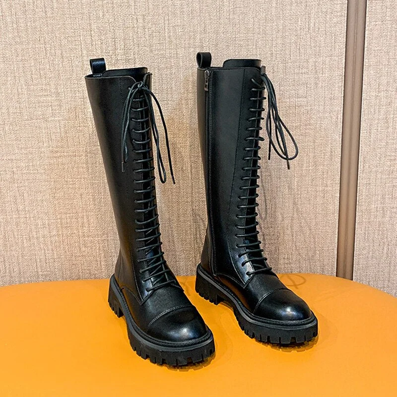 2021 Autumn New Black Plus Velvet Warm Boots Microfiber Rubber Platform Shoes Ladies Knee-Length Fashion Boots