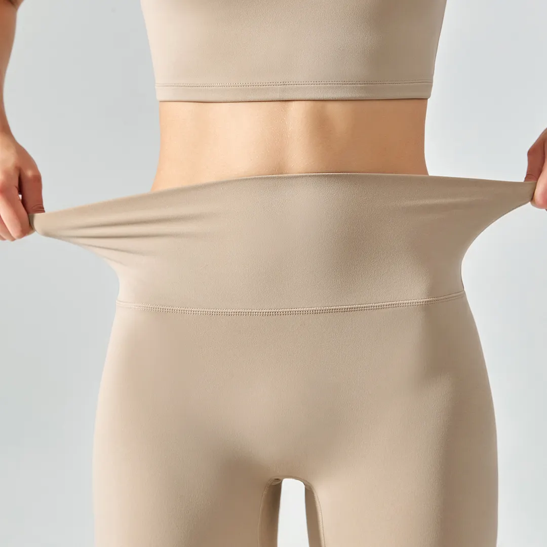 Buy high waist no t line soft lightweight recycled nylon yoga shorts of high quality on Hergymclothing Khaki