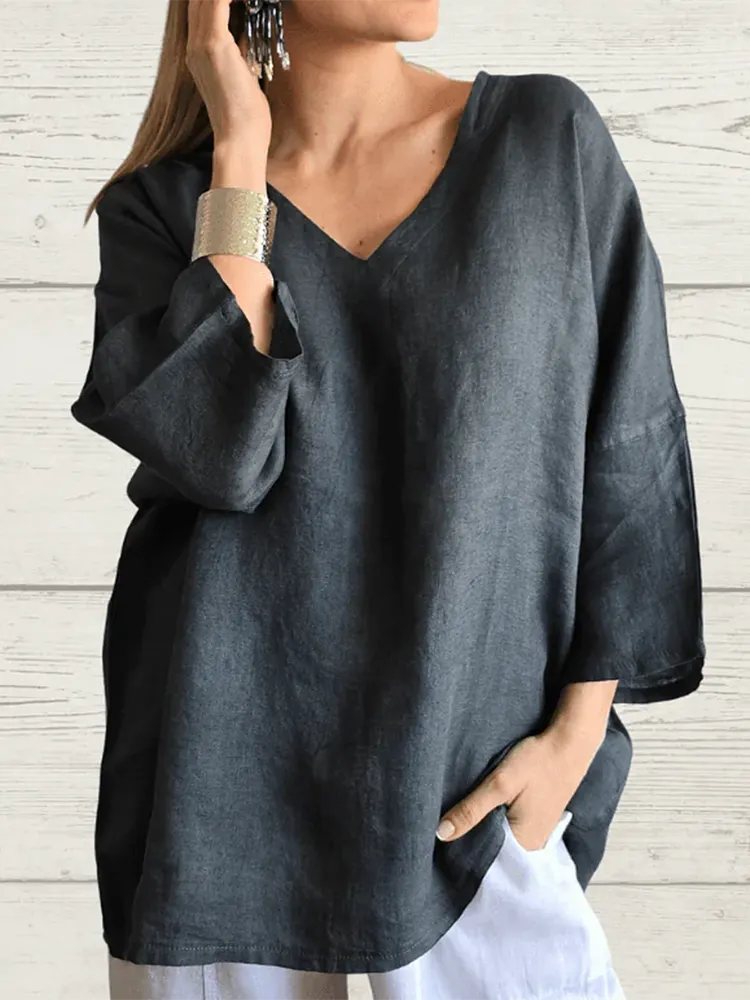 Basic V-neck Long-sleeved Cotton and Linen Top
