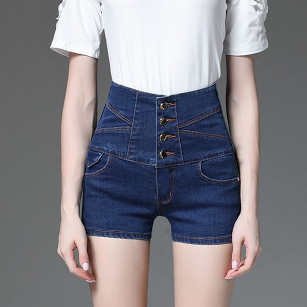 Brand Women Denim Shorts High Waist Slim Plus Size Multi-button Shorts - Life is Beautiful for You - SheChoic
