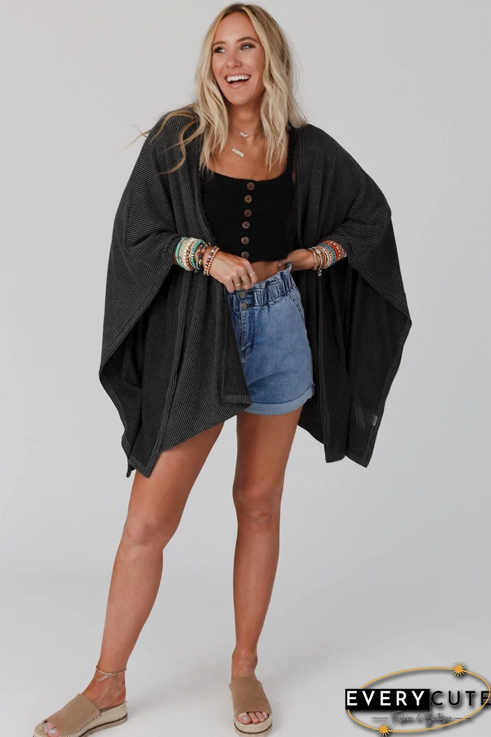 Black Lace Trim Ribbed Oversize Kimono