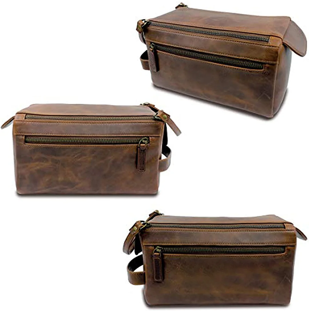 Genuine  Leather Unisex Toiletry Bag Travel Dopp Kit Made With High Class Buffalo Leather