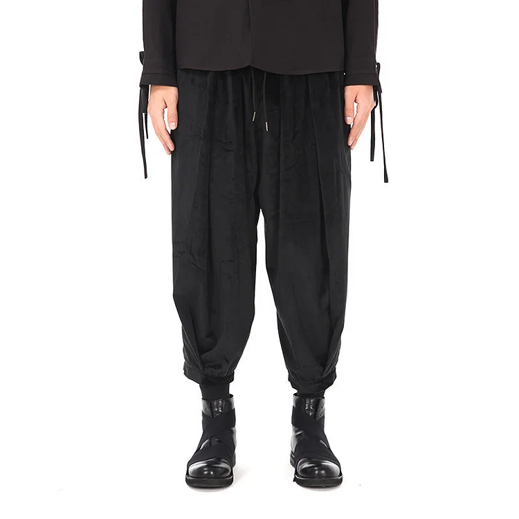 Japanese Design Darkwear Velvet Pants Casual Pants Loose Cropped Pants-dark style-men's clothing-halloween