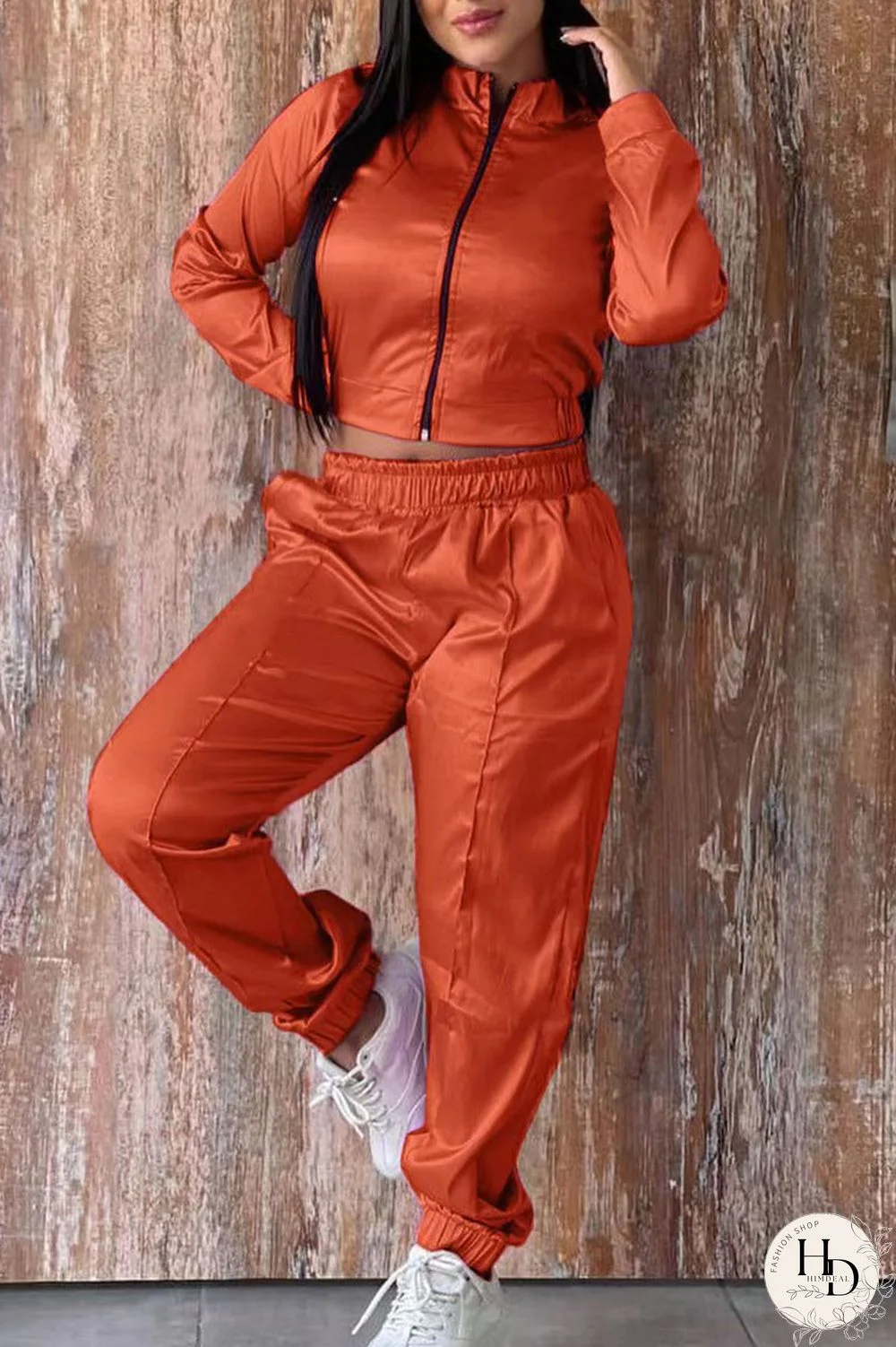 Tangerine Red Casual Sportswear Solid Patchwork Zipper Zipper Collar Long Sleeve Two Pieces