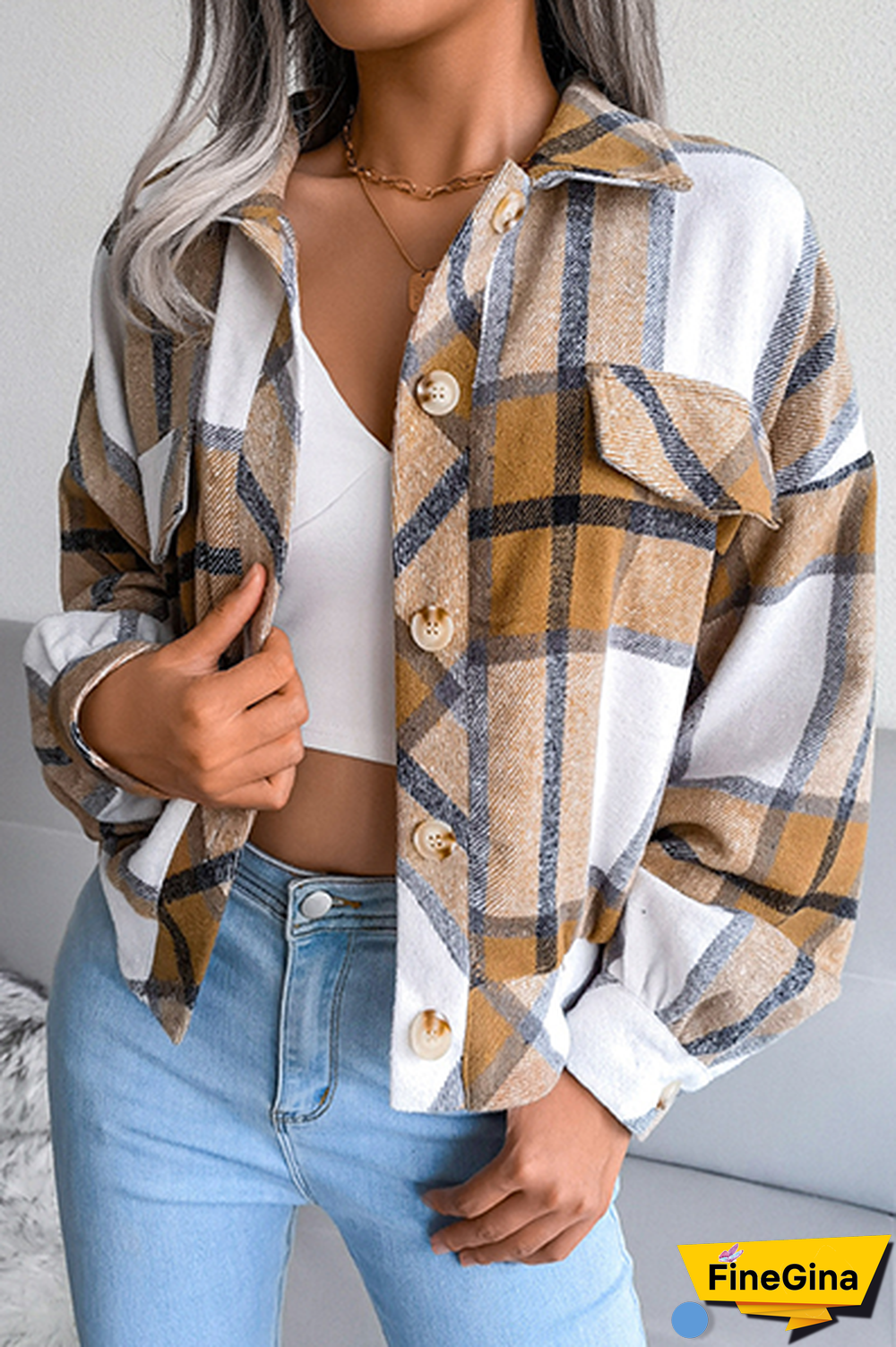 Casual Plaid Patchwork Buckle Turndown Collar Outerwear(3 Colors)