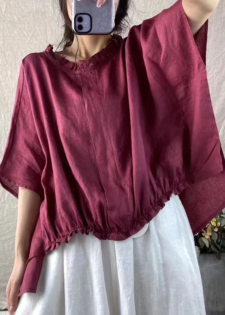 Loose Purple Ruffled Low High Design Cotton T Shirt Batwing Sleeve
