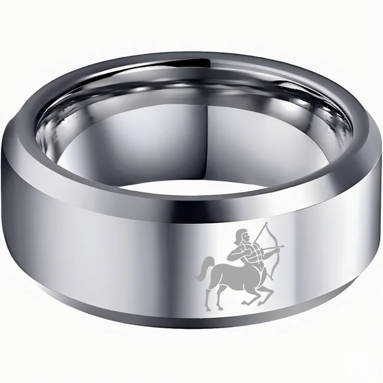 Sliver Sagittarius Couple Wedding Bands Beveled Edges Sliver Laser Etched Tungsten Carbide Rings 4MM 6MM 8MM Width