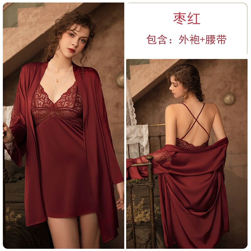 LANFUBEISI 3 Piece Lingerie Set with Robe Satin Pajamas Dress Cardigan Long Sleeve Top Sexy Sleepwear Bath Female Adult Nightwear Nightgown LANFUBEISI