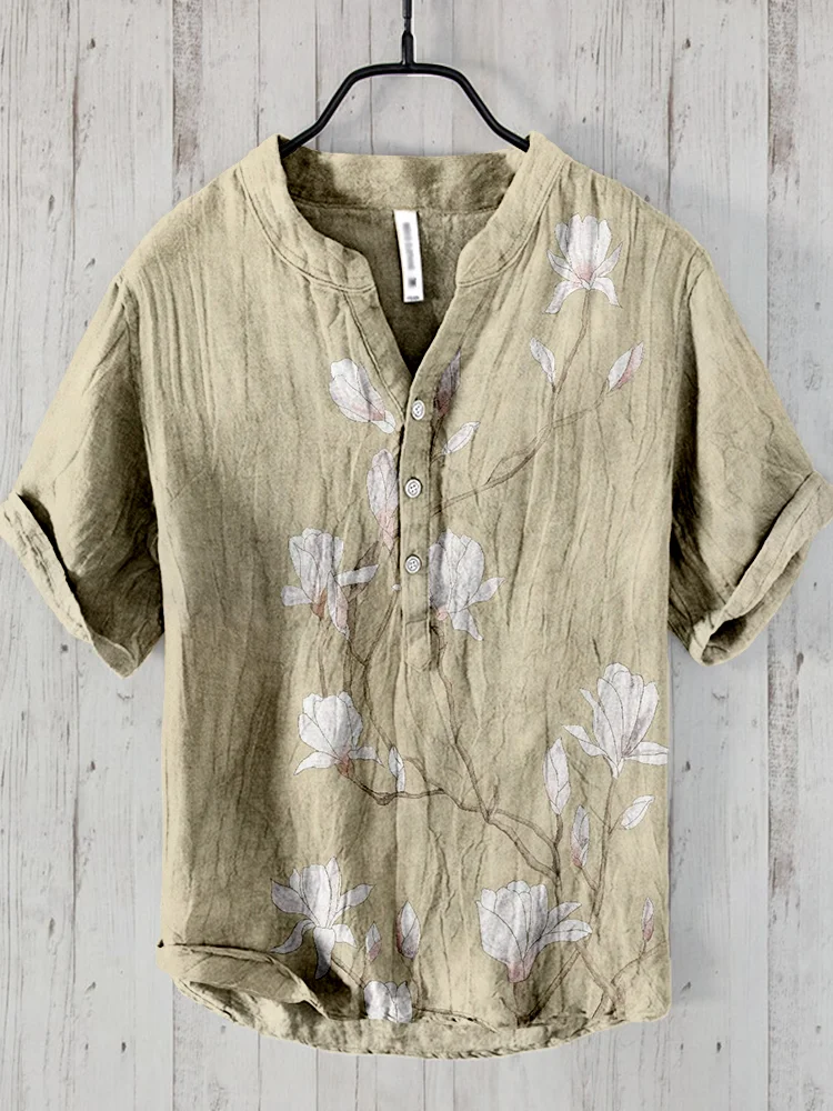 Japanese White Magnolia Art Linen Blend Shirt