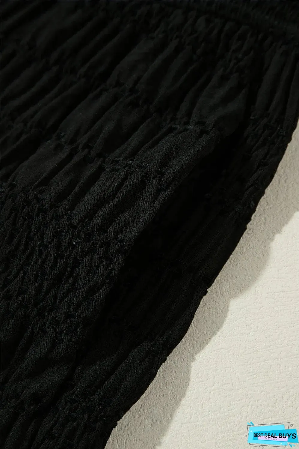 Black Textured Wide Smocked Waist Loose Pants