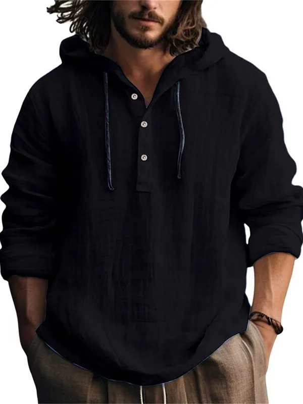 Men's Three Buttons Long Sleeve Cotton Linen Casual Hooded Shirt
