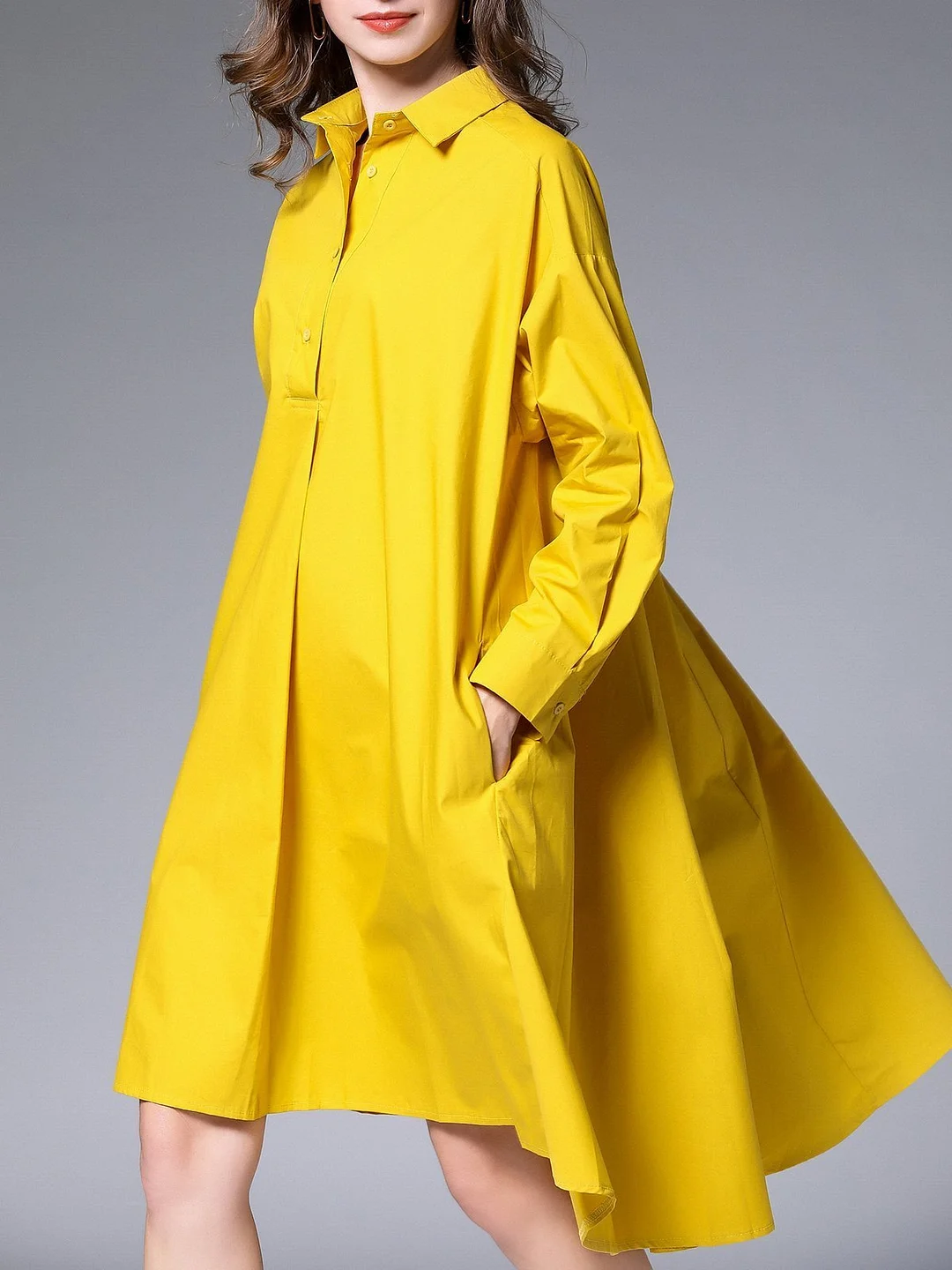 Pockets Shirt Collar Casual Midi Dress