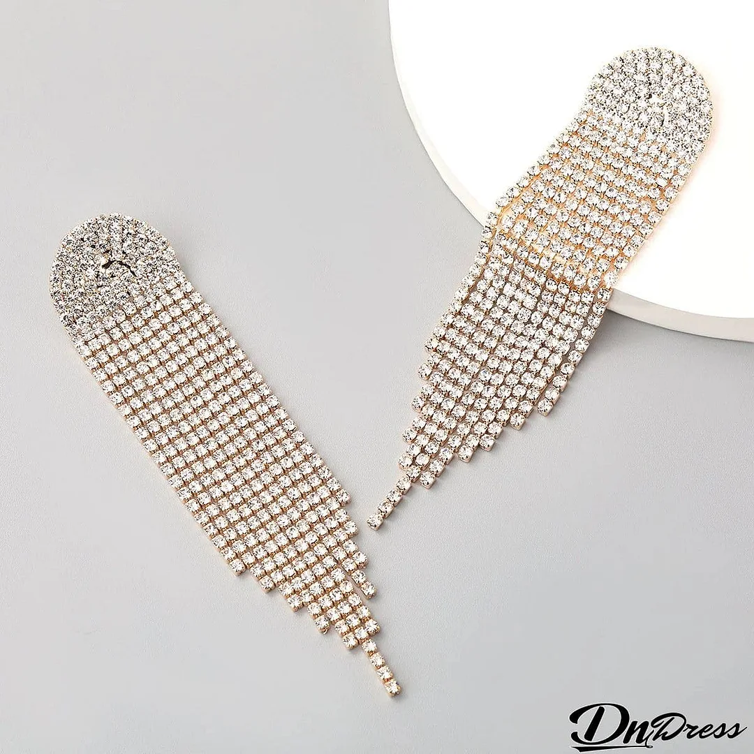 Geometric alloy diamond tassel earrings