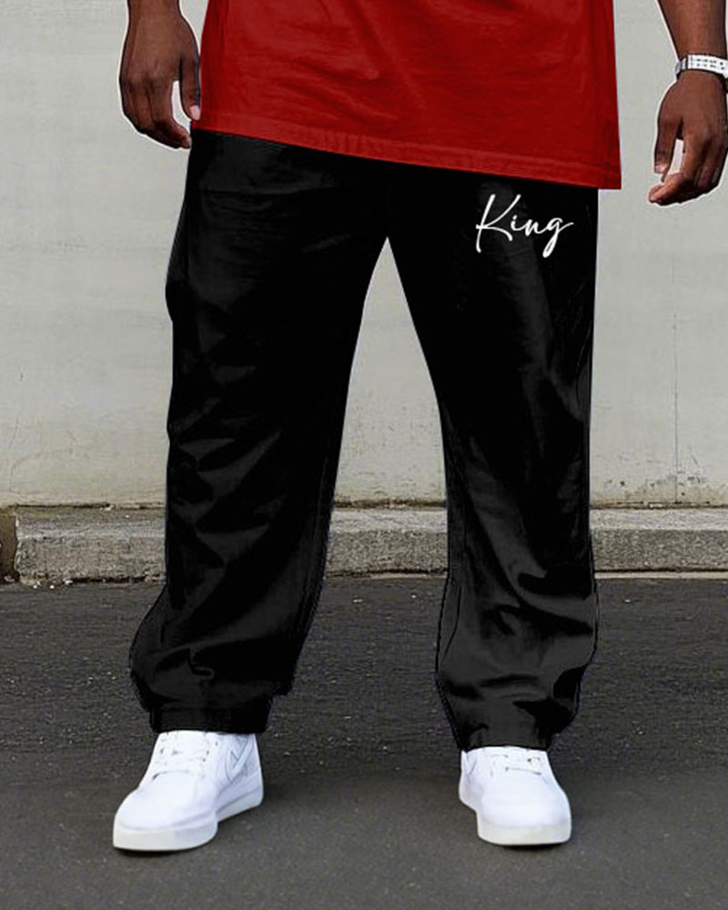 Men's Plus Size Red & Black Gradient Chest "king" Slogan Printed Short Sleeve T-shirt Pants Suit