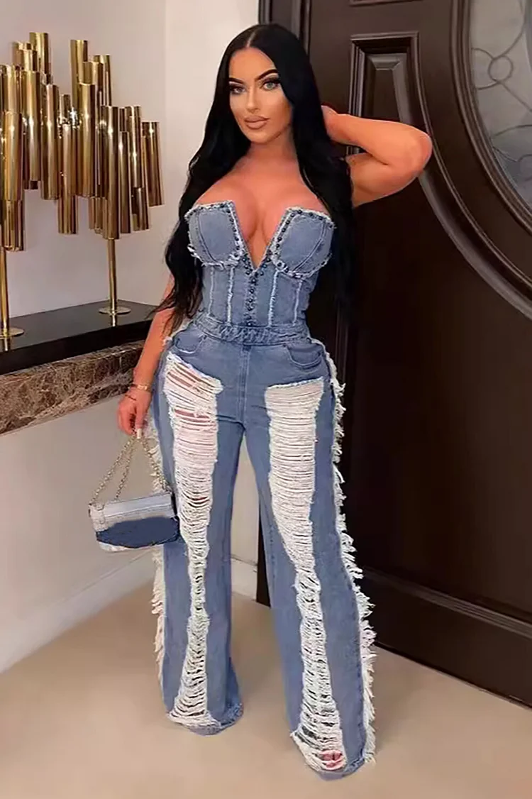 Denim Raw Edge Ripped Strapless V Neck Cinch Waist Jumpsuit-Blue