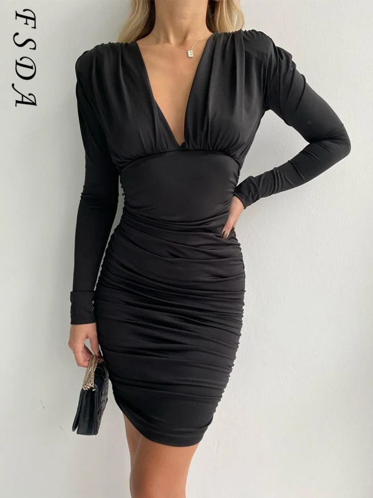 FSDA V Neck Bodycon Dress Party Brown Women Mini Sexy Long Sleeve 2021 Autumn Winter Black Dresses Elegant Green Club