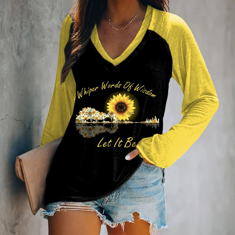 Hippie Guitar Lake Whisper Words Of Wisdom Let It Be V Neck Long Sleeve T-Shirt wearshes