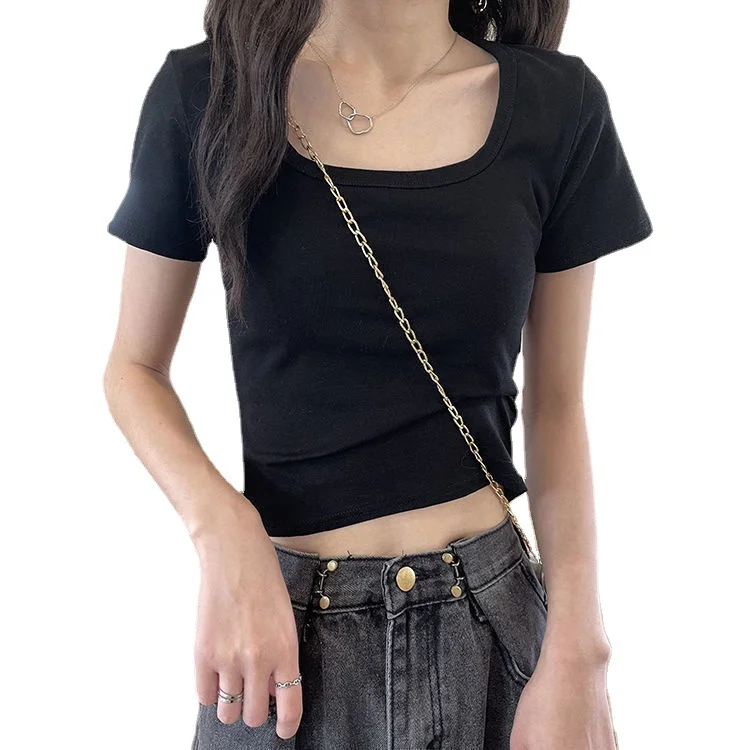 Uveng Uveng Short T-Shirt Female Solid Color 2024 New High Waist Slim Show Thin Hot Girl All-Match Short-Sleeved Square Collar Top Tide
