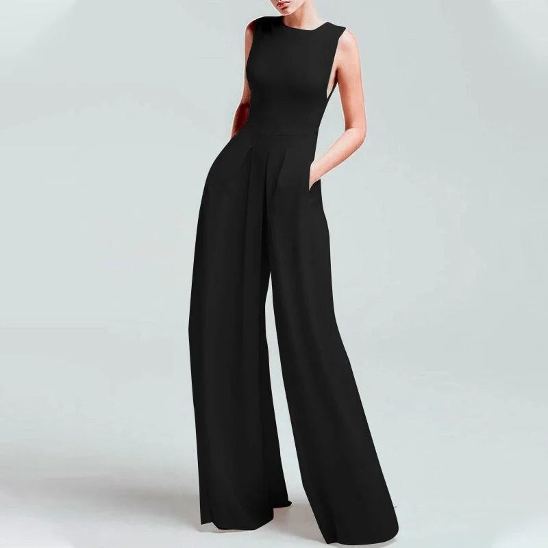 Celmia Long Jumpsuits Women Elegant Pockets Party Sleeveless Rompers 2022 Summer Fashion Casual Pleated Wide Leg Pants Overalls