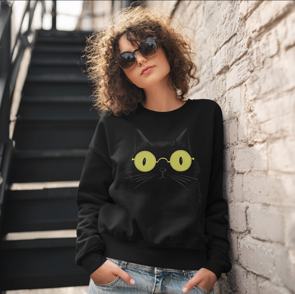 Comstylish Women's Casual Funny Black Cat Print Sweatshirt