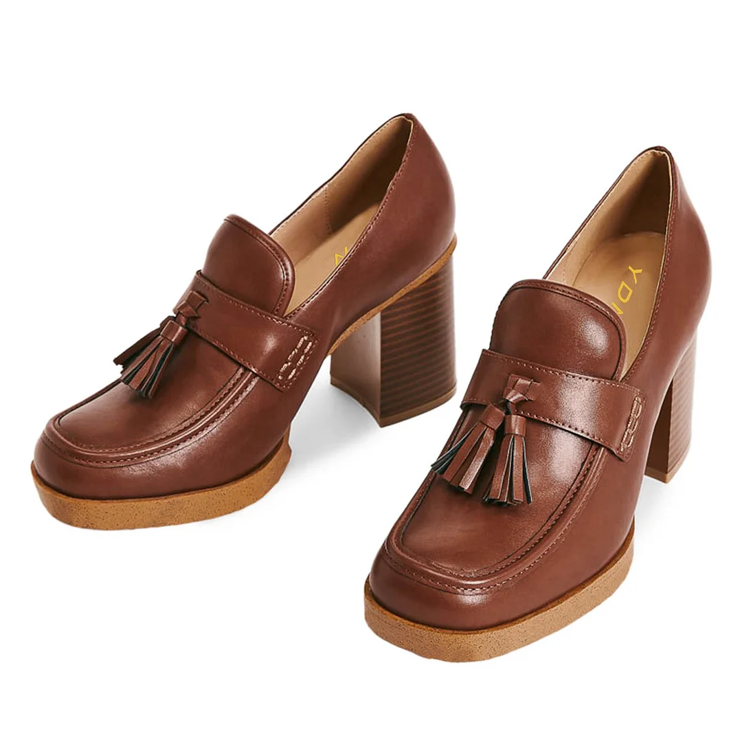 Brown Round Toe Tassels Chunky Heel Office Loafer Shoes Women