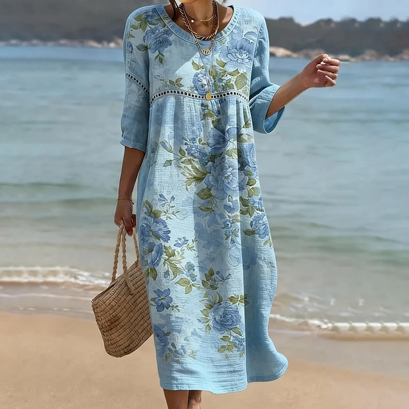 Vintage Floral Art Linen Blend Loose Linen Dress wearshes