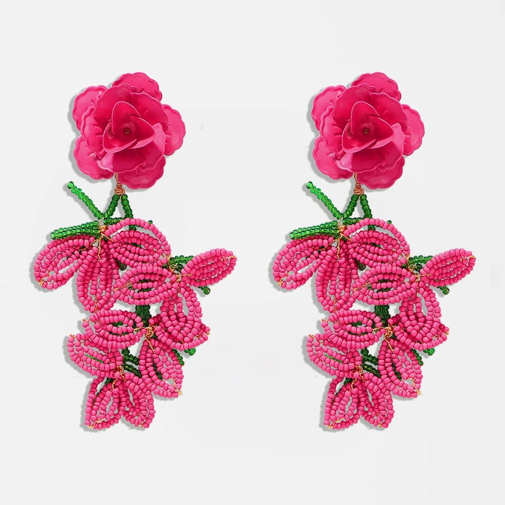 Dvacaman 2020 New Vintage Beaded Feldspar Drop Earrings for Women Boho Handmade Flower Rose Beads Tassel Earrings Dangle Jewelry