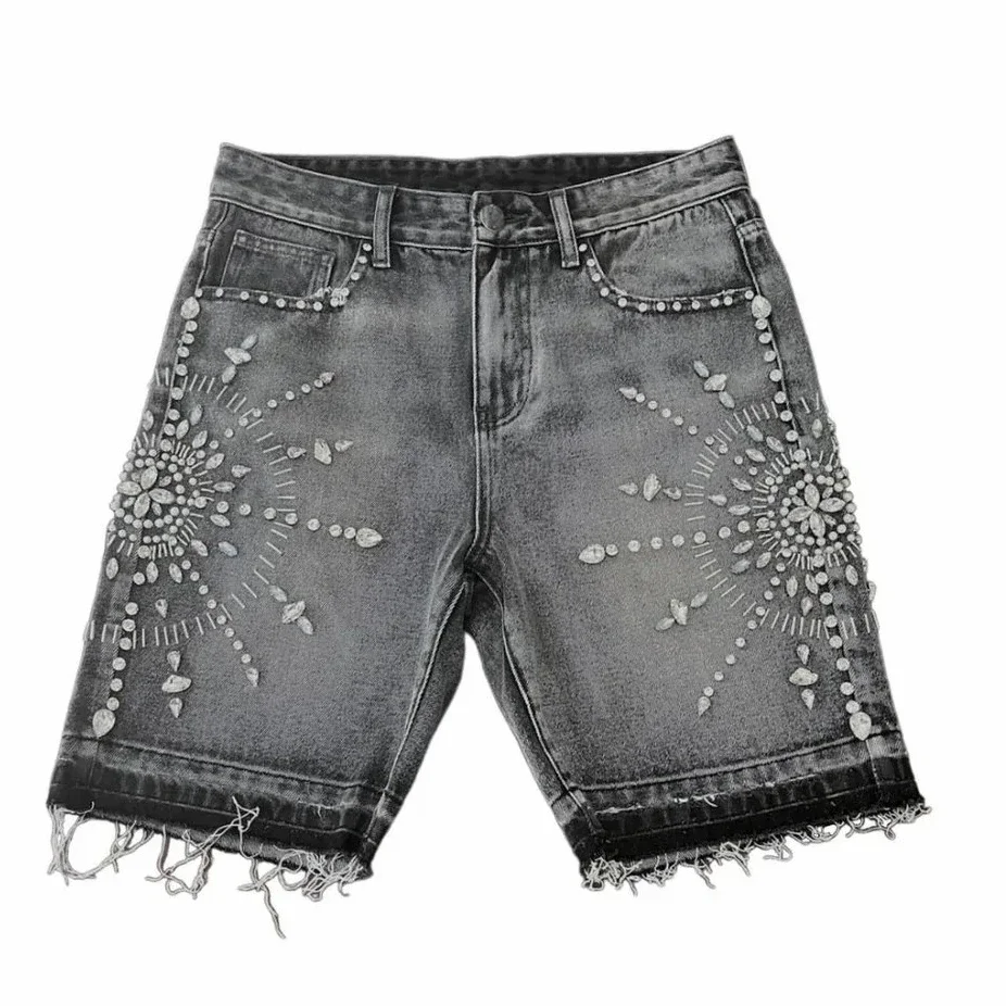 Edubridgesmart Streetwear Rhinestone Rivet Denim Shorts Harajuku Hip Hop Cross Diamond Light Blue Shorts Gothic Casual Fashion Pants Men Women