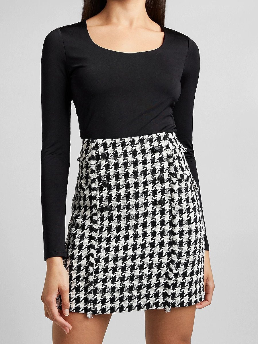 High Waisted Houndstooth Button Boucle Skirt