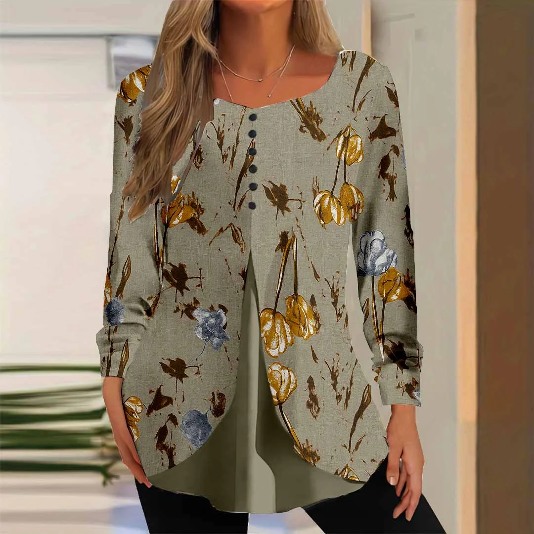 Women Floral,Brown DZGG8276 Long Sleeve Scoop Neck Printed Graphic Button Fake 2in1 Tops