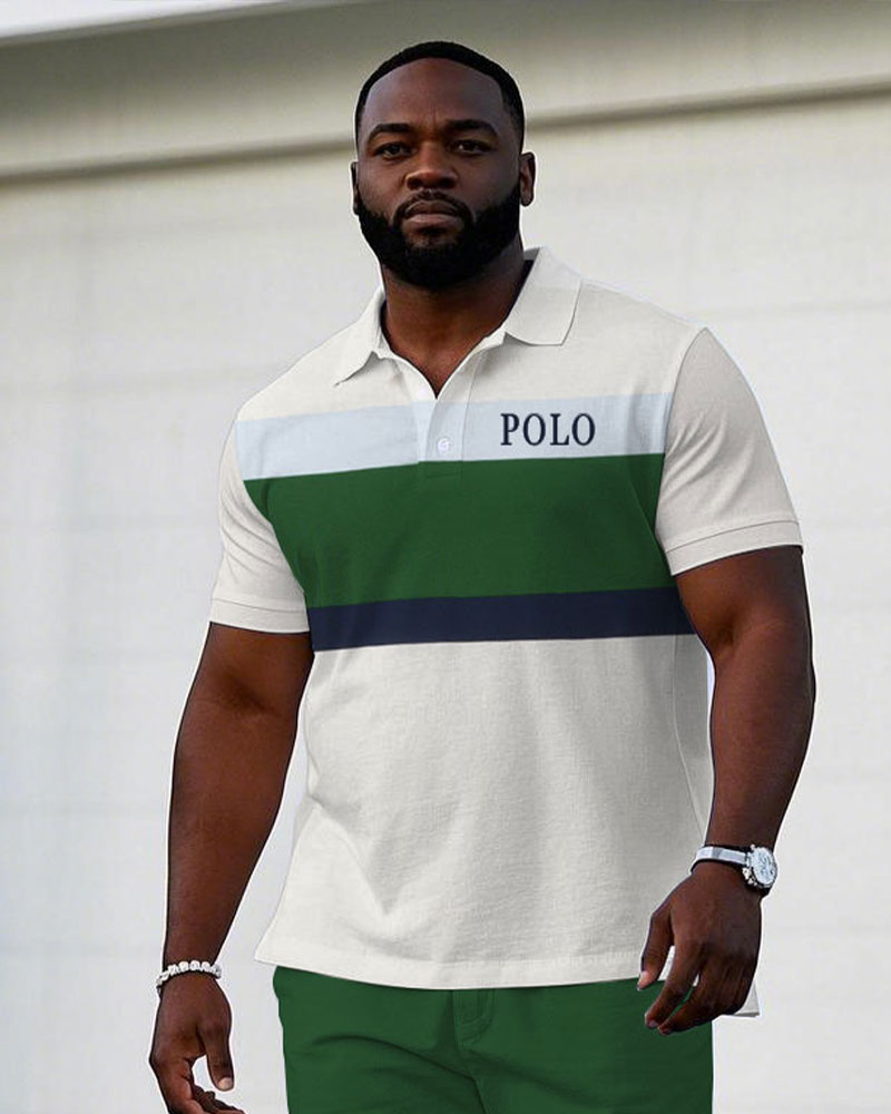 Men's large size Casual Green & White Chest Logo Print Short-sleeved polo shorts set