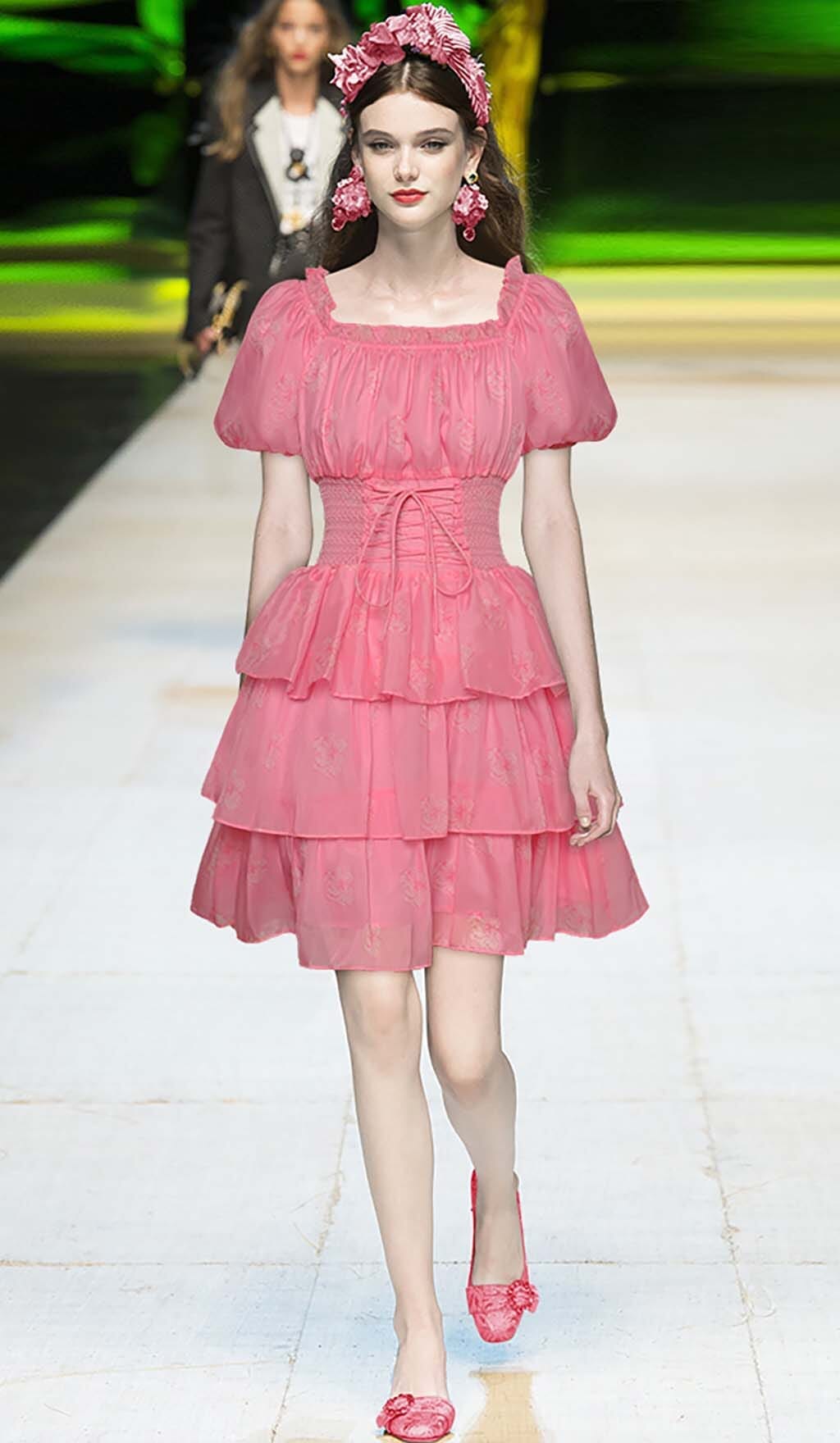 Puff Sleeve Tiered Mini Dress In Pink