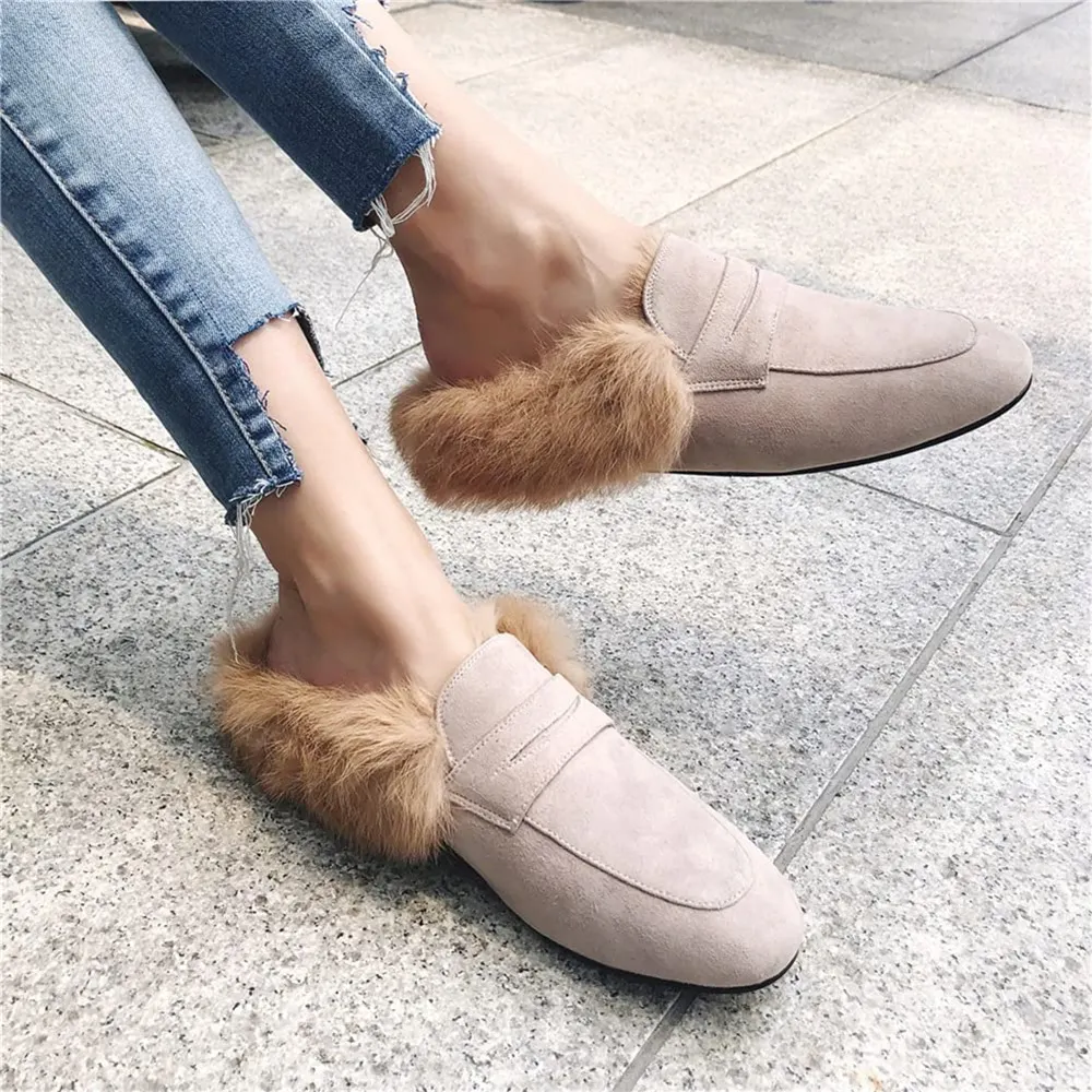 Backless Rabbit Fur Slippers Suede Mules Shoes-vocosishoes