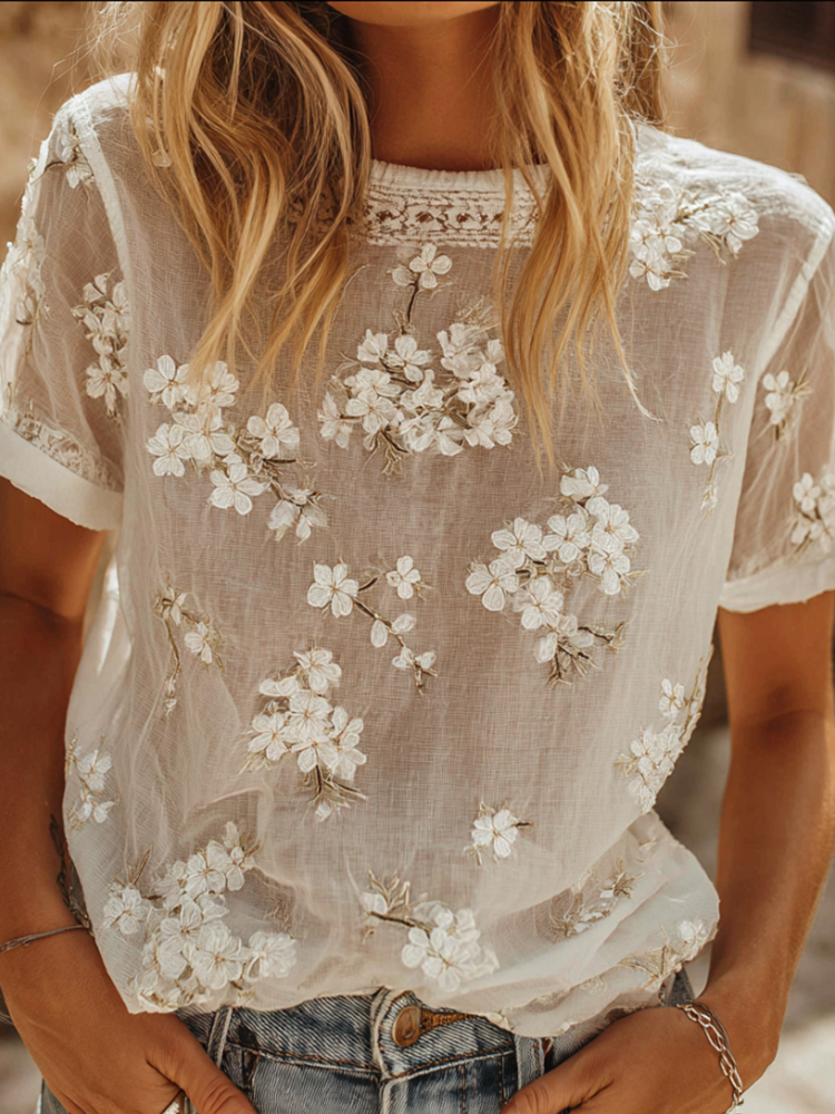 Women's Cherry Blossom Art Embroidered Linen Blend Round Neck Short Sleeve Top elevenforest