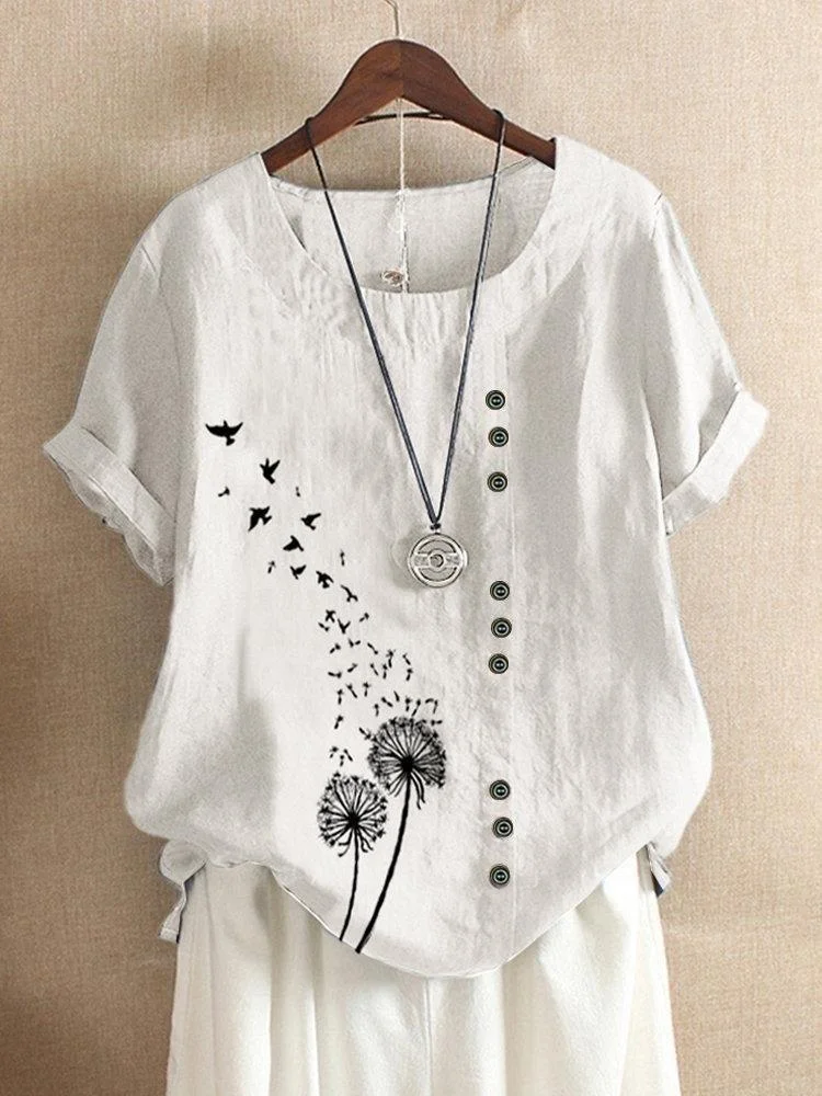 Round neck retro plus size casual loose cotton and linen short-sleeved pullover T-shirt