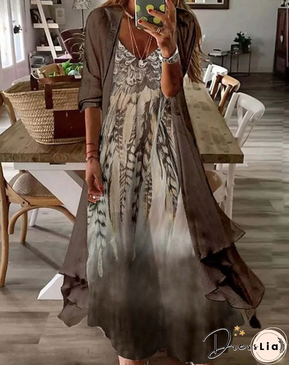 Fake Two-piece Half-sleeve Printed Pleated Casual Sexy Dress