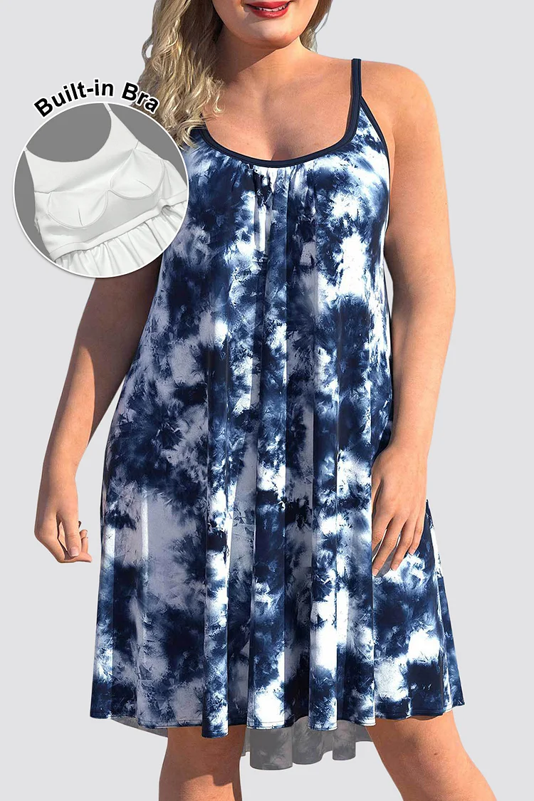 Flycurvy Plus Size Casual Navy Blue Tie Dye Print Sleeveless Midi Dress With Built In Bra  Flycurvy [product_label]
