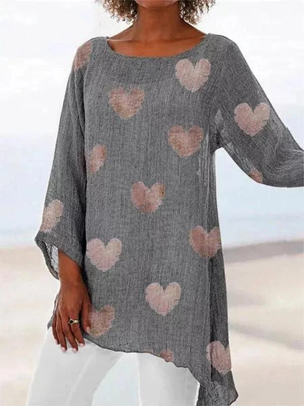 Women's cotton and linen heart print round neck T-shirt