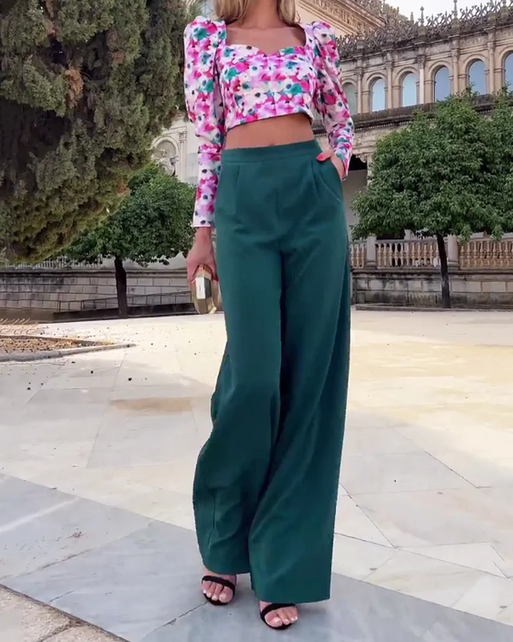 Sexy Printed Long Sleeve Top & Solid Pants Two-Piece Set