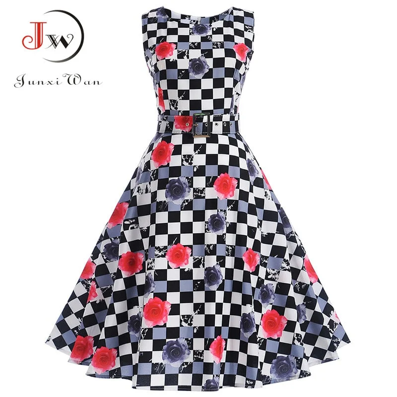 Women Summer Dress Print Floral Robe Retro Swing Casual Elegant Vintage 50s Rockabilly Dress Party Dresses with Belt Vestidos