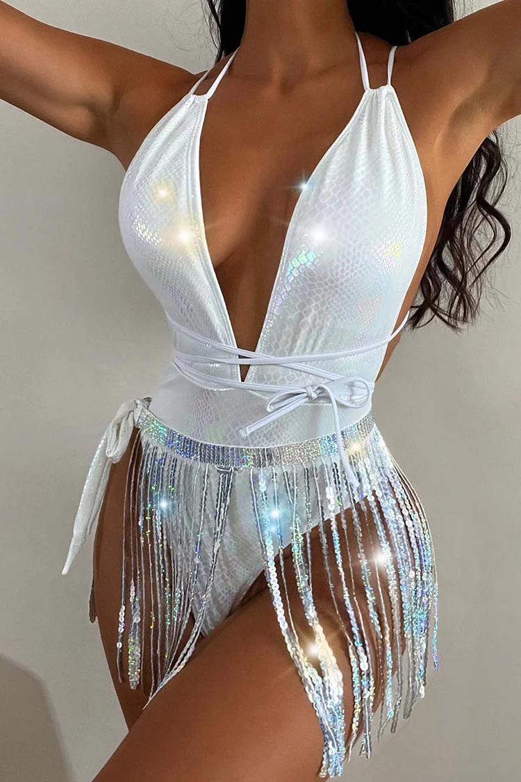 Sequin Fringed V Neck Backless One Piece Swimsuit
